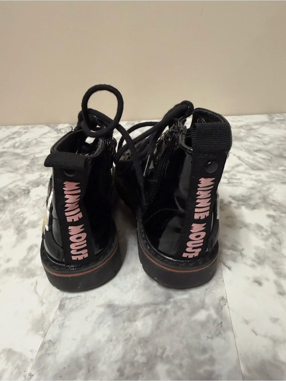 Zara Kids Black Patent Lace-Up Boots with Pink and Yellow Minnie Detail